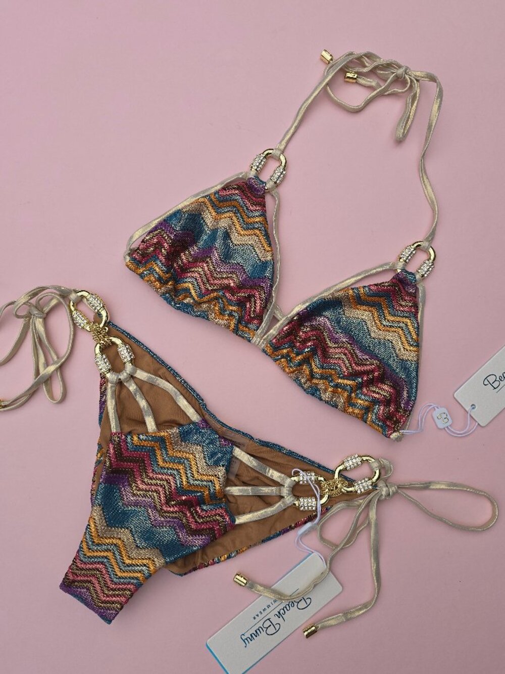 BEACH BUNNY Madagascar Glam 2026 Top S L Tie Side Bottom S M Bikini Set $368 NWT